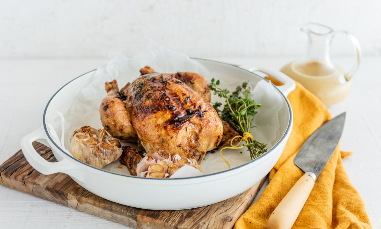 Honey Thyme Roast Chicken with Honey Mustard and Vanilla Sauce