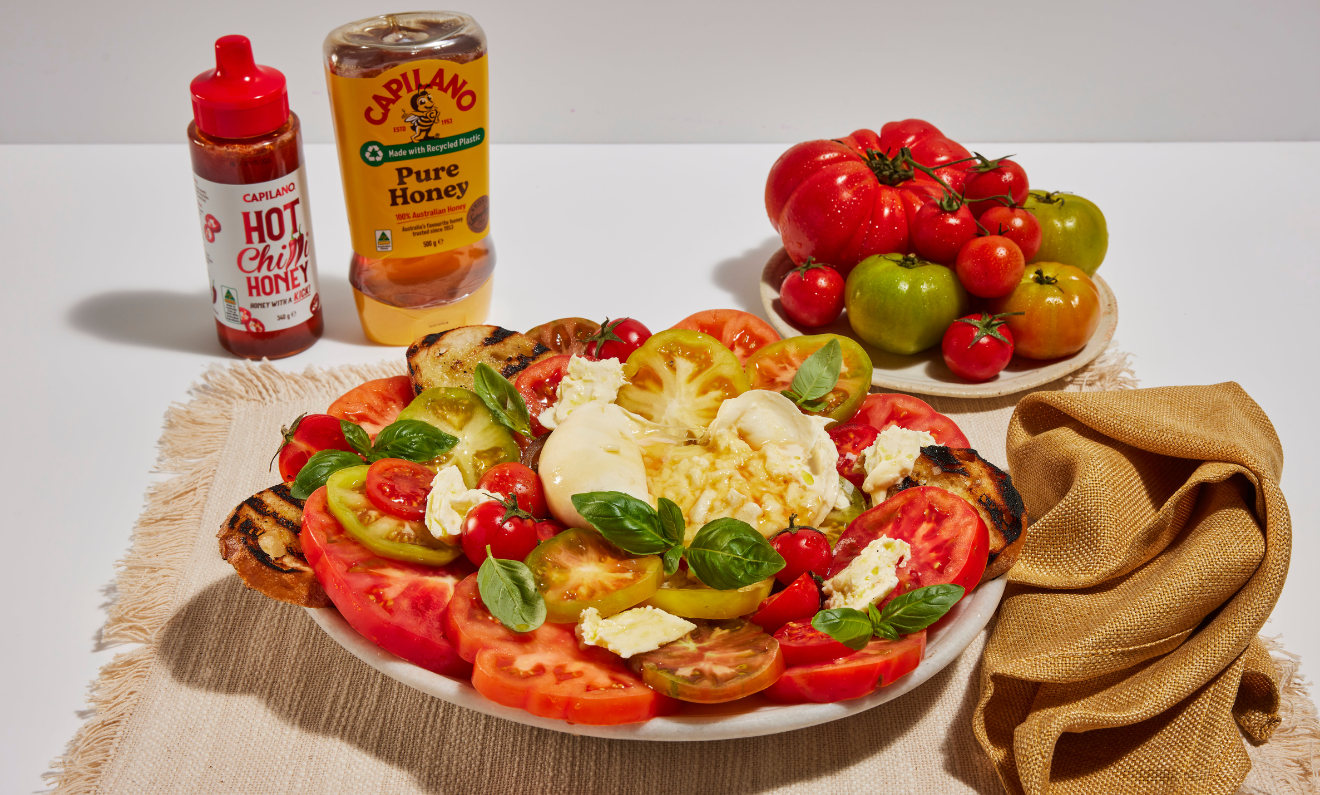 Heirloom Tomato and Burrata Salad with Honey Mustard Dressing | Capilano Honey
